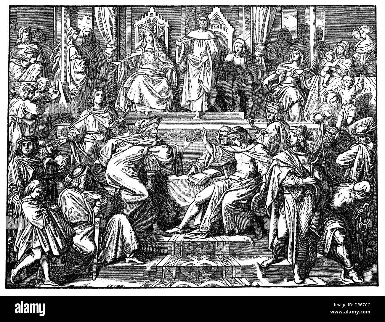 Medioevo, musica, concorso minstrel di Wartburg, incisione del legno, XIX secolo, dopo la pittura di Moritz von Schwind, Minnesota, musicisti, Minnesota, Turingia, XIII secolo, cantante, cantanti, concorso, concorsi, storico, medievale, medievale, gente, diritti aggiuntivi-clearences-non disponibili Foto Stock