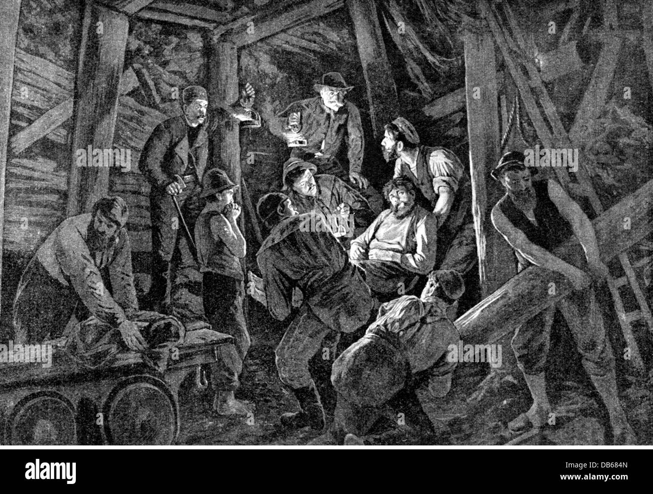 Estrazione, disastri, disastro minerario, rodaggio delle creste, incisione del legno dopo la pittura di August von Heyden, Germania, 2ns metà del XIX secolo, desaster, catastrofe, persone, miniera, minatori, incidente, aiuto, storico, storico, diritti aggiuntivi-clearences-non disponibili Foto Stock
