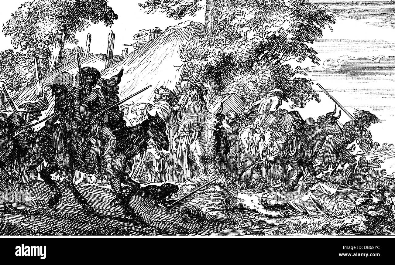 Militari, i crimini di guerra, predoni lasciando un villaggio dopo il saccheggio e uccidono, tardo XVII secolo, incisione su rame di Romeyn de Hooghe, atrocità bellica, horror, soldati, soldato, penale, criminali, vittima, vittime, corpo morto, cadaveri, cadavere, cadaveri, Paesi Bassi, storico, storico, persone, artista del diritto d'autore non deve essere cancellata Foto Stock
