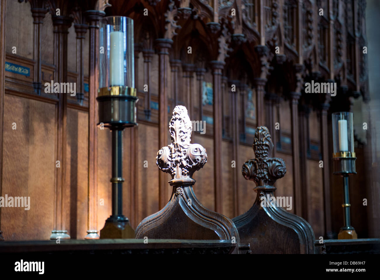 Dettaglio dall'interno di Peterborough Cathedral, il coro Foto Stock