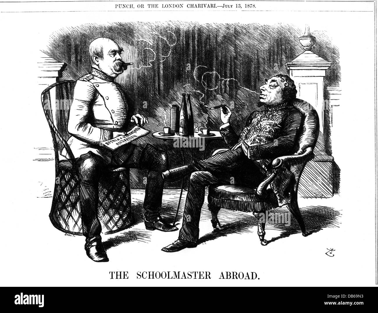 Politica, conferenze, Congresso di Berlino 13.6. - 13.7.1878, il primo ministro britannico Benjamin Disraeli e il cancelliere tedesco otto von Bismarck, 'The Schoolmaster Abroad', incisione del legno, 'Punch', Londra, 13.6.1878, diritti aggiuntivi-clearences-non disponibili Foto Stock