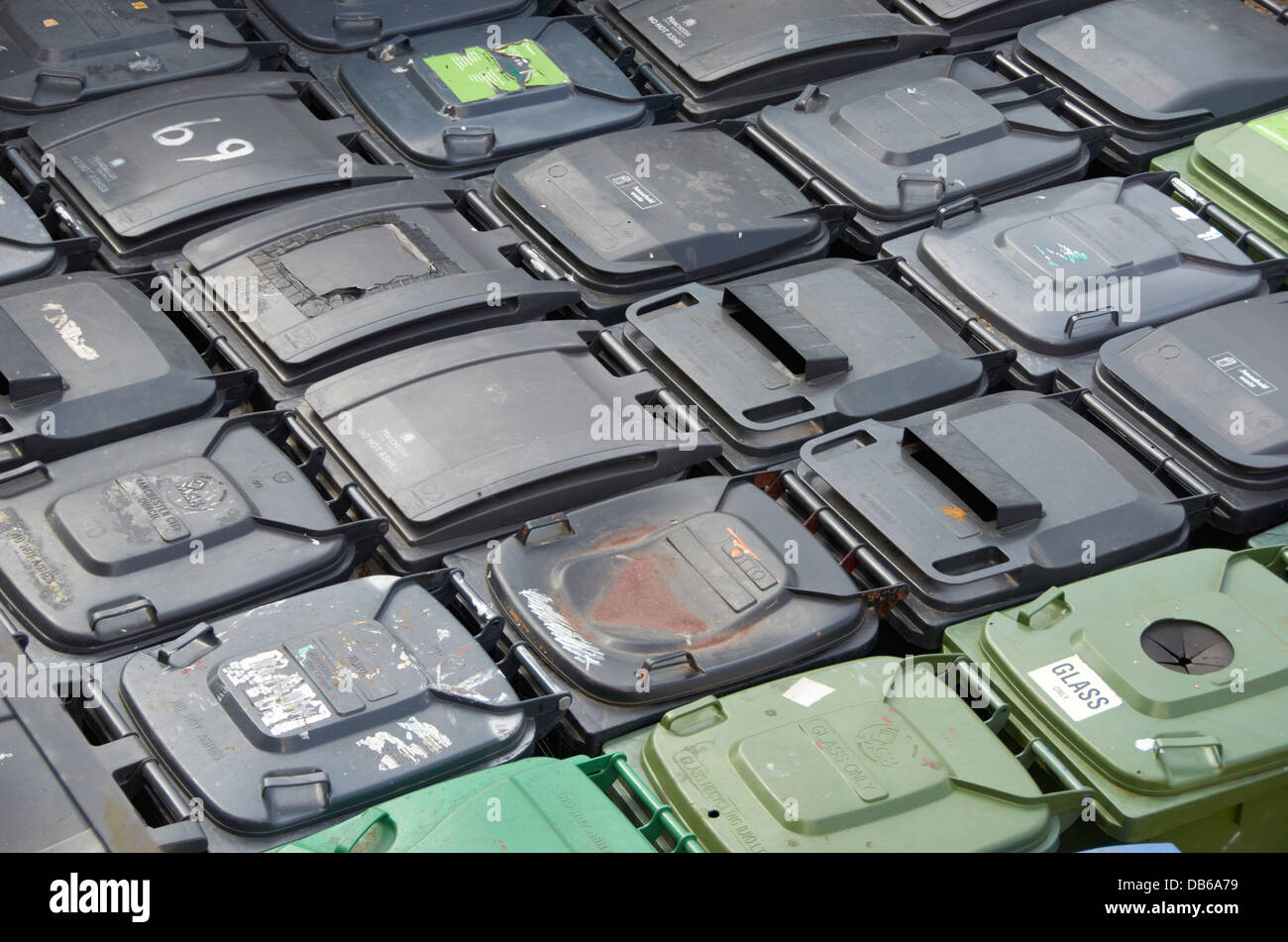 Righe di plastica bidoni della spazzatura presso una società di riciclaggio nel Regno Unito. Foto Stock