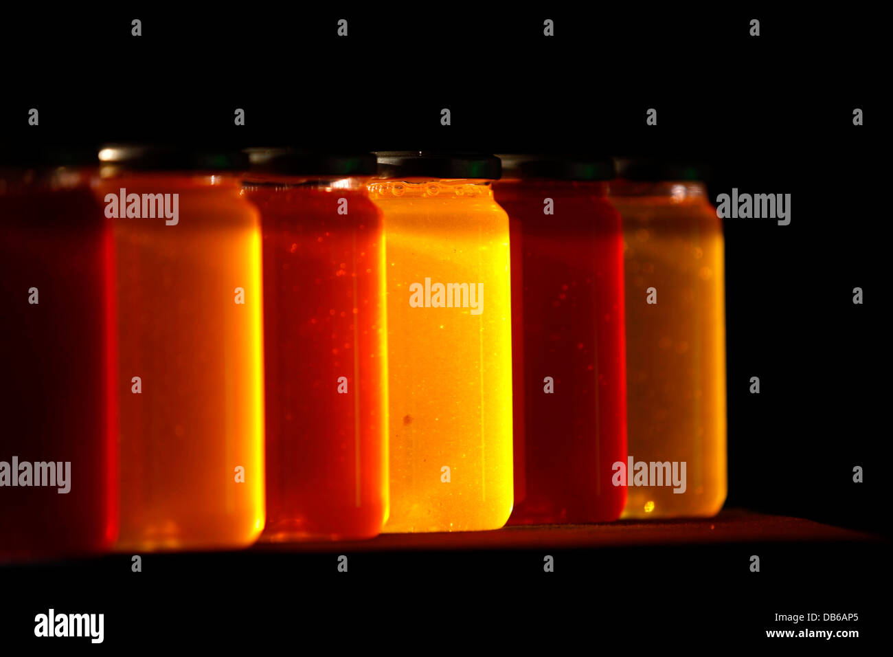 Sei barattoli di miele sono visualizzati in Puremiel, miele di una azienda che produce materie organiche di miele, Cadice, Andalusia, Spagna Foto Stock