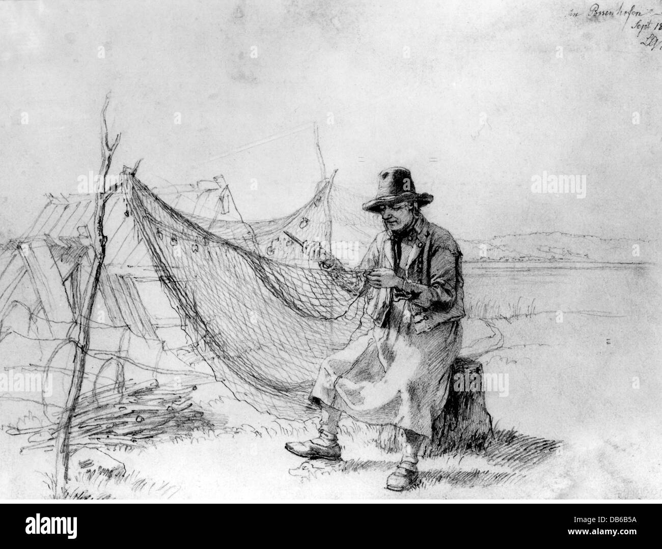 Pesca, pescatore che menda una rete, disegno di Lorenz Quaglio il giovane, Possenhofen, alta Baviera, Germania, settembre 1852, diritti-aggiuntivi-clearences-non disponibile Foto Stock