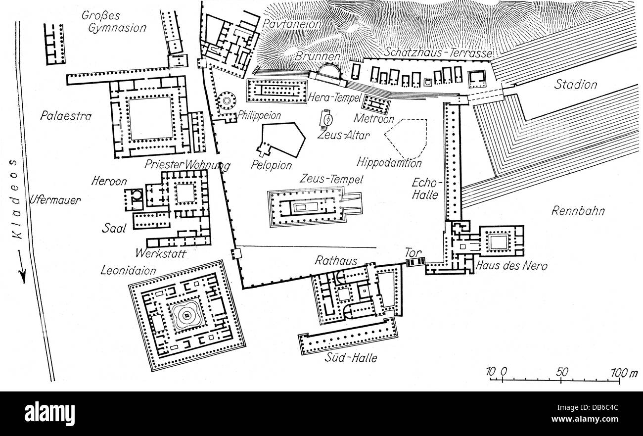 Geografia / viaggio, Grecia, Olimpia, pianta del sito del quartiere santo, circa 200 d.C., disegno, 'Urania', n° 5, 1955, diritti aggiuntivi-clearences-non disponibile Foto Stock