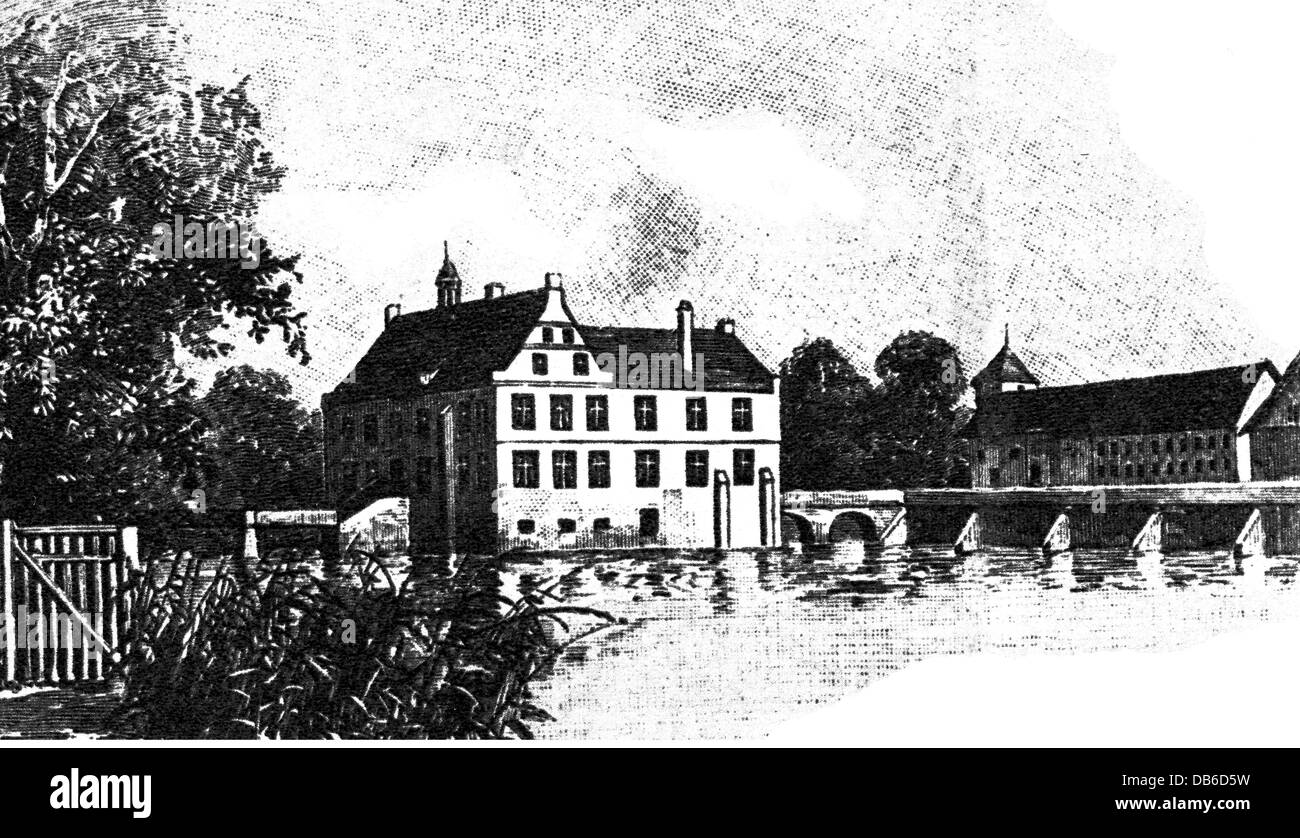 Geografia / viaggio, Germania, castelli, Castello di Hülshoff, vista esterna, dopo disegno di Jenny von Droste zu Huelshoff, circa 1825, diritti aggiuntivi-clearences-non disponibile Foto Stock