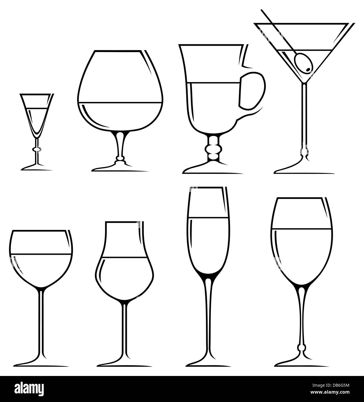 Set di simboli e icone bicchieri per bevande alcoliche Foto Stock