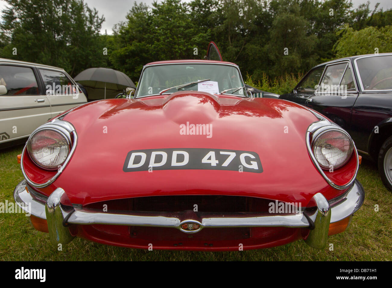 Un classico rosso Jaguar e tipo di auto sportive sul display Foto Stock