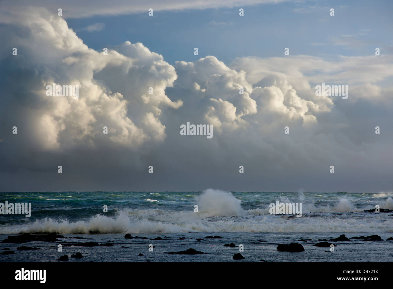 Pacifico del Sud, Nuova Zelanda, Isola del Sud. Nuvole temporalesche rotolare giù il litorale a Curio Bay. Foto Stock