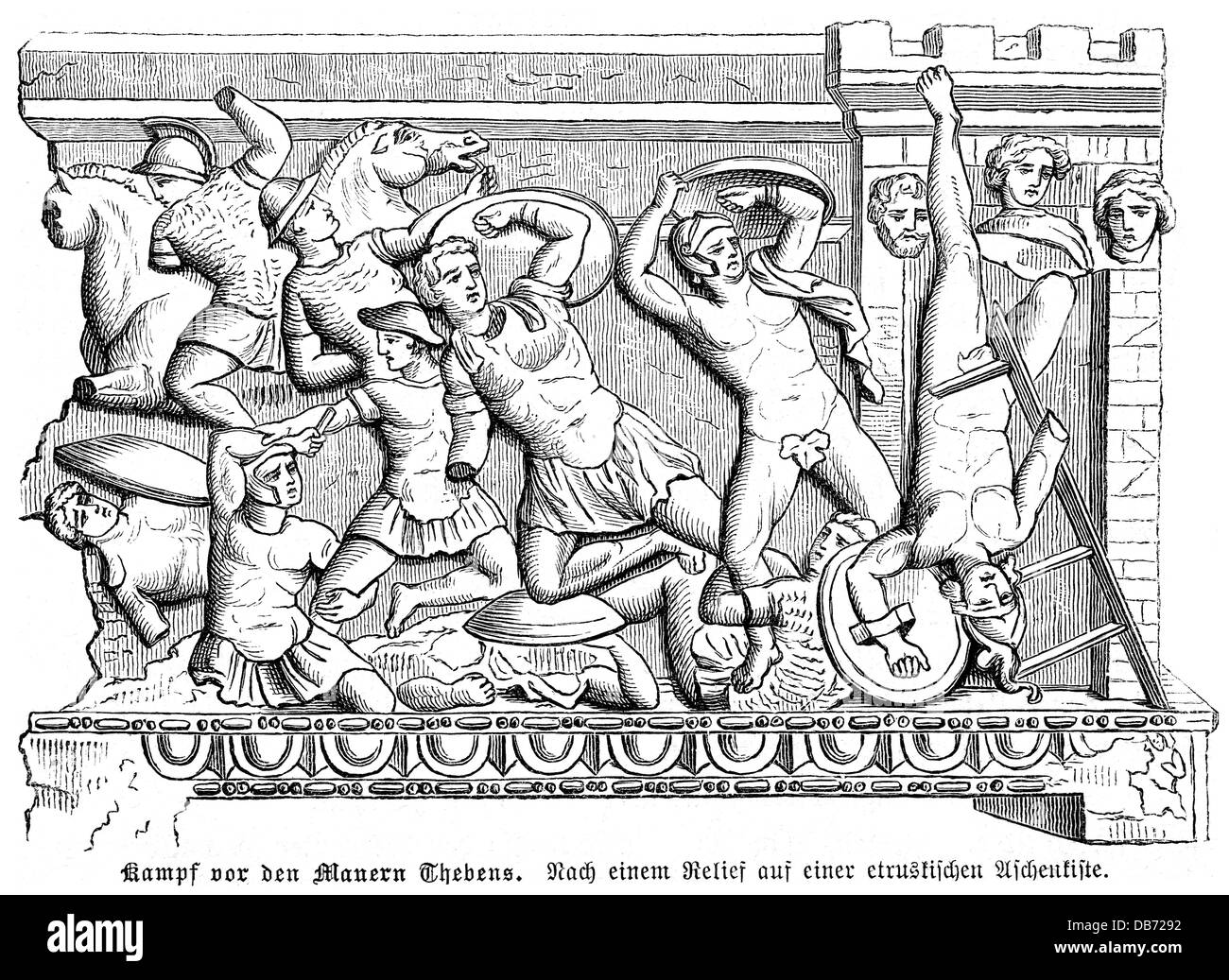 Letteratura, leggende, mitologia greca, sette contro Tebe, battaglia di fronte alle mura della città, rilievo, scatola di cenere etrusca, circa IV secolo a.C., incisione in legno, 19 ° secolo, diritti aggiuntivi-clearences-non disponibile Foto Stock