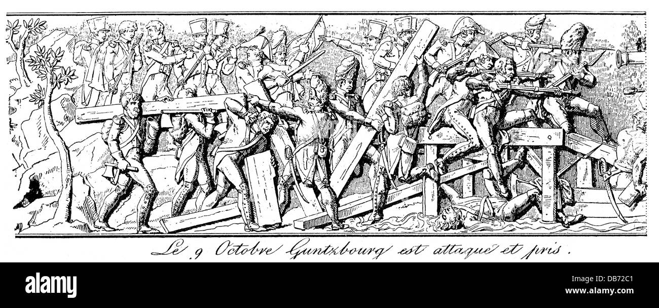 Guerra della terza Coalizione 1805, Battaglia di Guenzburg, 9.10.1805, ingegneri francesi del VI corpo militare (Ney)costruire un ponte sul Danubio, rilievo, colonna Vendomme, Parigi, 1810, incisione del legno, 19 ° secolo, diritti aggiuntivi-clearences-non disponibile Foto Stock