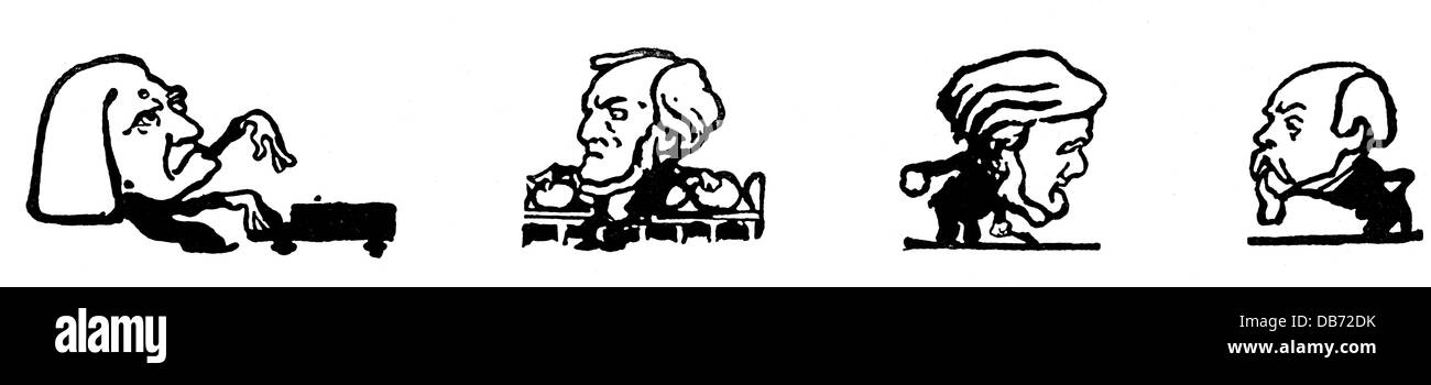 Musica, caricature, Franz Liszt, Richard Wagner, Hans von Bülow, disegno, di Arpad Schmidhammer (1857 - 1921), da 'die Jugend', Monaco di Baviera, 1900, diritti aggiuntivi-clearences-not available Foto Stock