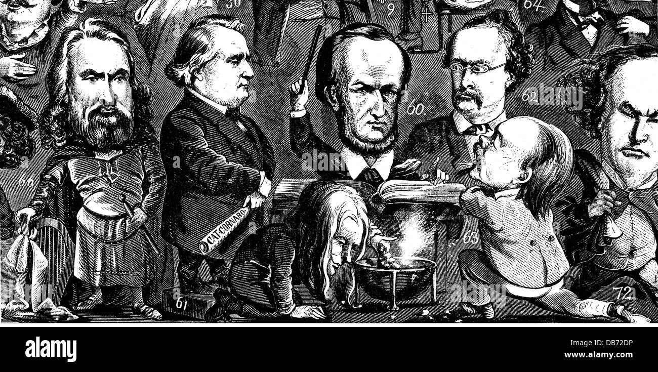 Musica, caricature, Albert Niemann, Franz Lachner, Peter Cornelius, Richard Wagner, Hans von Bülow, Joseph Tichatschek, di Herbert König (1820 - 1876), galleria di famosi contemporanei, da 'Über Land und Meer', incisione del legno, Stittgart, 1868, diritti aggiuntivi-clearences-non disponibili Foto Stock