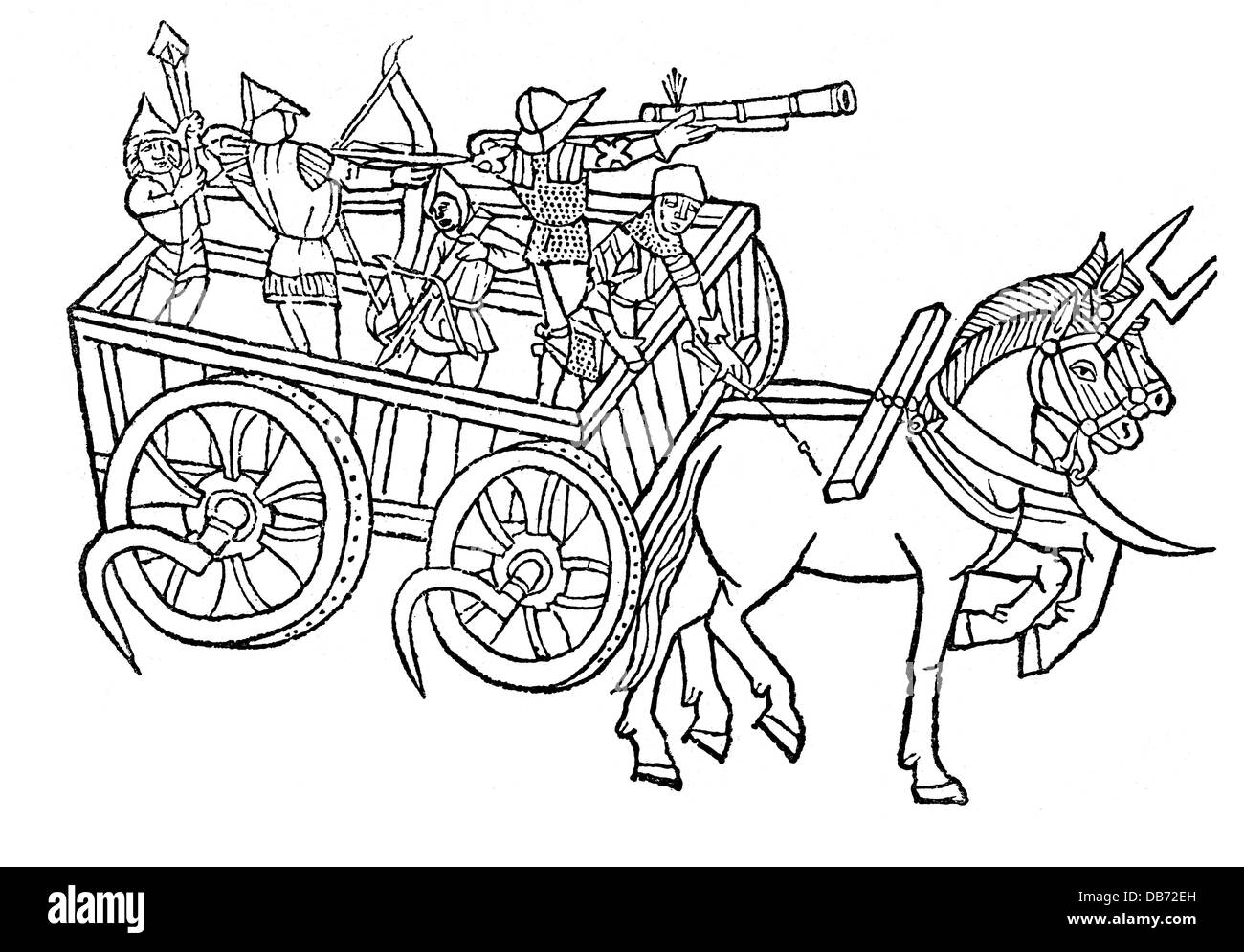 Militare, macchina di guerra, veicolo da combattimento, taglio di legno, 'De re militanti' di Roberto Valturio, Verona, 1472, diritti aggiuntivi-clearences-non disponibili Foto Stock