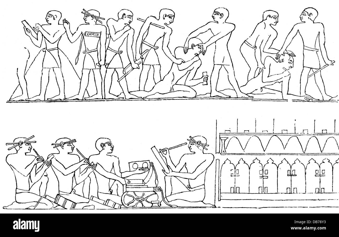 Persone, professioni, scriba, educazione, incisione del legno, XIX secolo, dopo il rilievo, Saqqara, Egitto, circa 2200 a.C., scuola, scuole, insegnante, insegnanti, scrittura, scrittore, scriba, alunno, studente, alunni, studenti, matita di ardesia, penna, uomini, uomo, Medio Regno d'Egitto, preistoria, epoca preistorica, storica, storica, mondo antico, maschio, diritti aggiuntivi-non disponibili Foto Stock