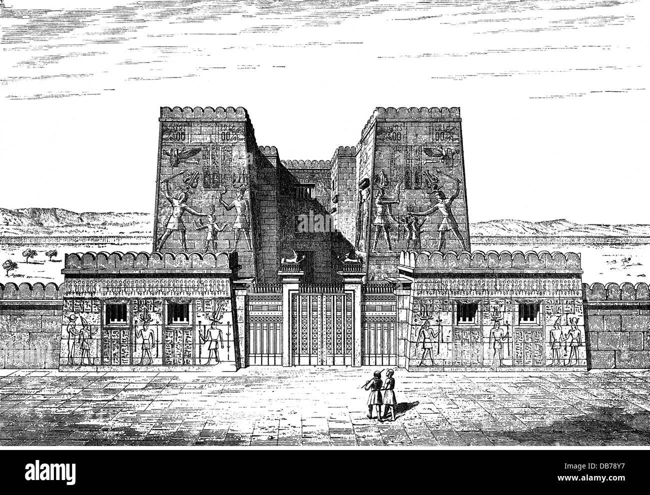 Geografia / viaggio, Egitto, Medinet Habu (Tahut), tempio funerario di re Ramesse III (regnato intorno al 1221 - 1156 a.C., XX dinastia), ricostruzione, vista esterna, ingresso, incisione in legno dopo Carlo Chipiez, fine del 19 ° secolo, tempio, templi, architettura, costruzione, edifici, nuovo Regno, Egitto superiore, Africa, Nord Africa, Africa, preistoria, epoca preistorica, Storico, storico, antico mondo, persone, diritti aggiuntivi-clearences-non disponibile Foto Stock
