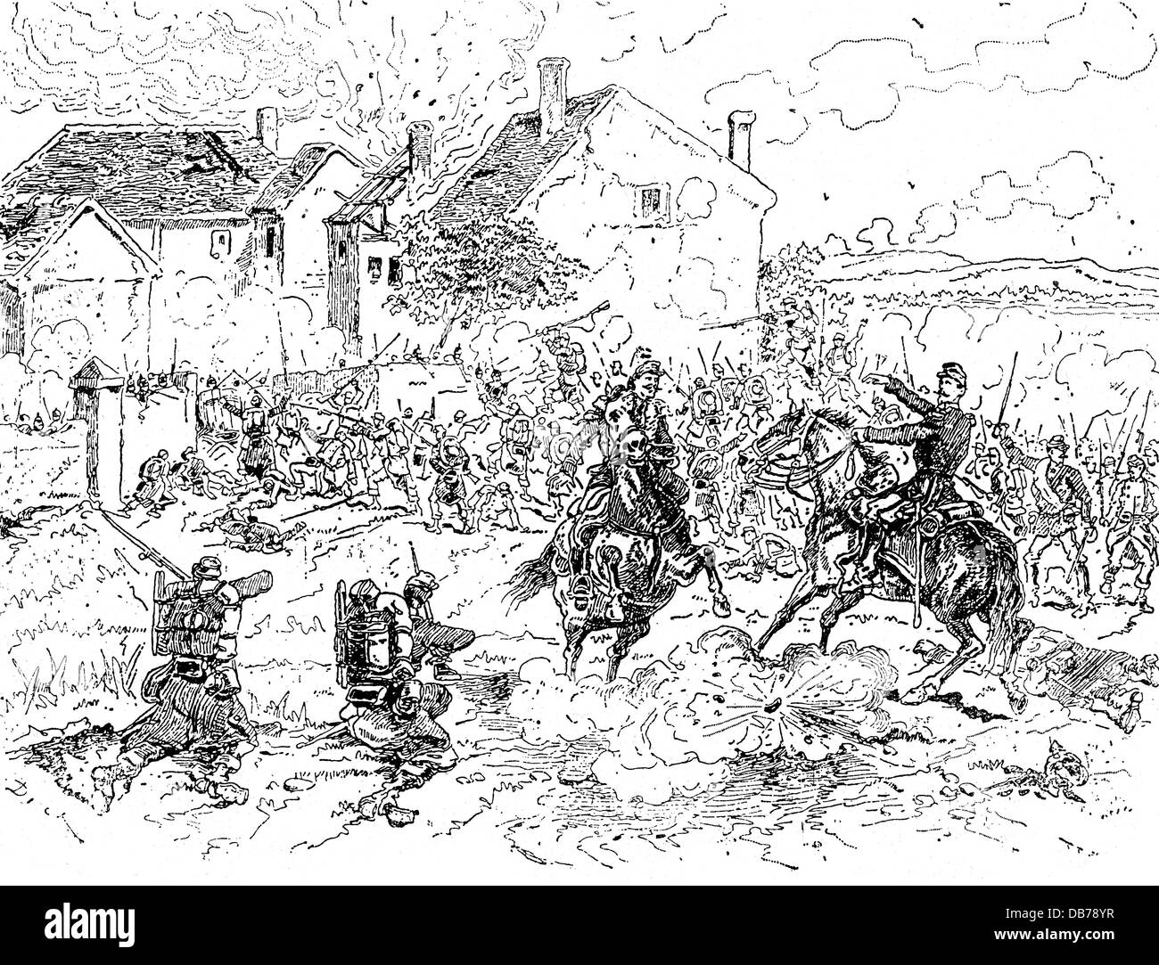 Franco-Prussia Guerra 1870 - 1871, Battaglia di Mars-la-Tour, 16.8.1870, il generale francese Bataille è ferito a Flavigny, incisione del legno dopo il disegno, 19 ° secolo, Franco - Guerra prussiana, Marte la tour, soldati, attacco, carica, fanteria, combattimento, Champagne, Francia, storico, storico, persone, diritti aggiuntivi-clearences-non disponibile Foto Stock