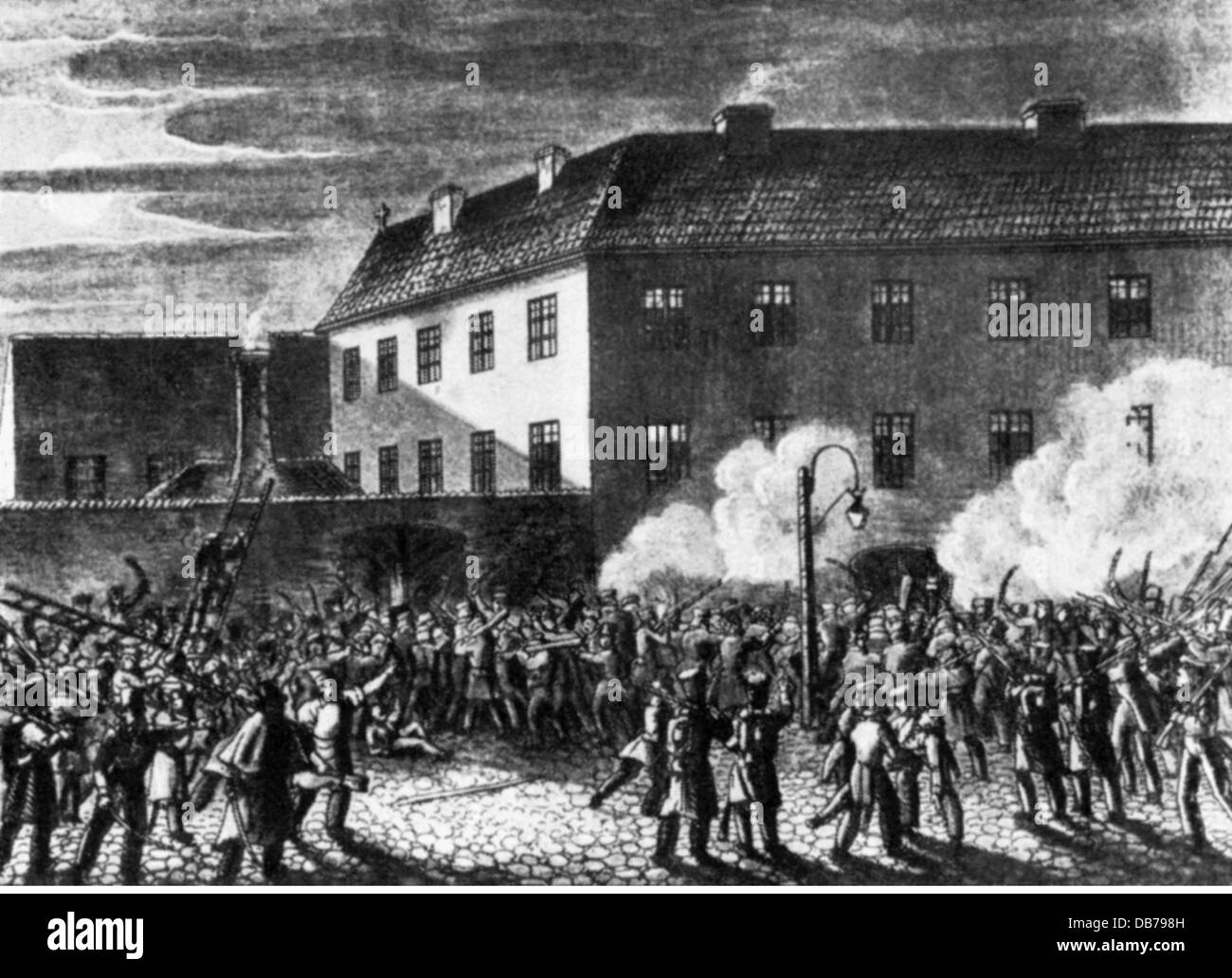 Rivolta polacca 1830 - 1831, insorti che stordisce la prigione a Varsavia, 1831 novembre, acquatinto contemporaneo di F. K. Dietrich, Polonia, novembre rivolta, rivolta, rivolta, rivolta, rivolta nazionale, rivolte nazionali, Russia, czardom, tsardom, Congresso Polonia, Russia Polonia, impero russo, XIX secolo, storico, popolo, diritti aggiuntivi-non disponibili Foto Stock