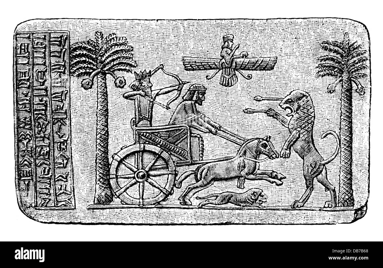 Dario i 'il Grande', 549 - 486 a.C., re dei Persiani 522 - 486 a.C., leoni da caccia, foca, incisione in legno, 19th secolo, Foto Stock