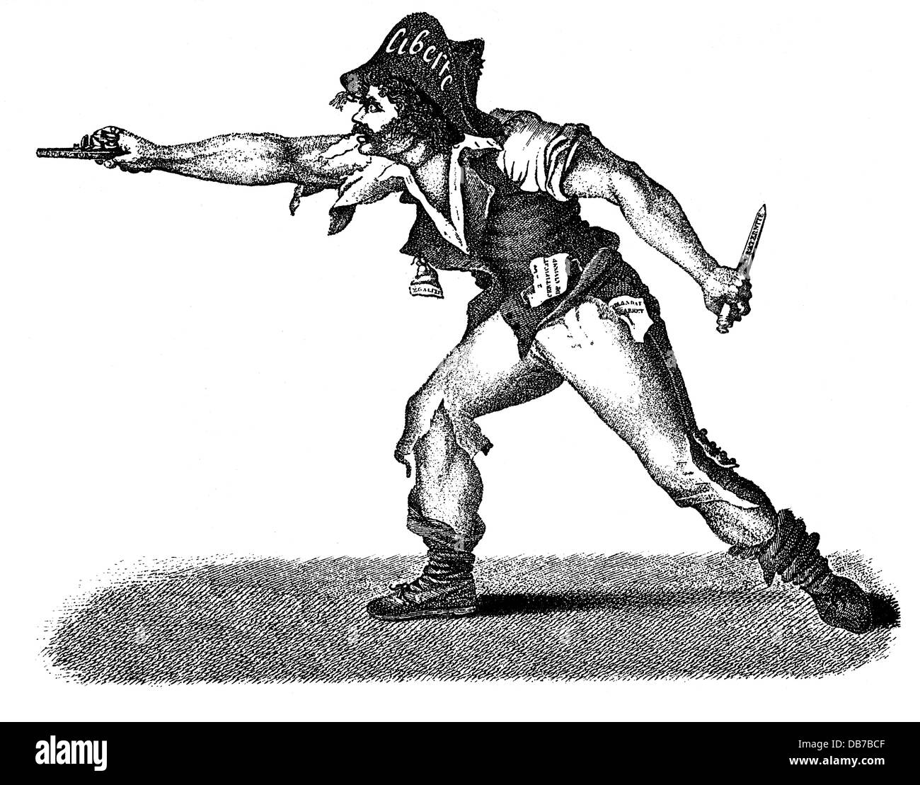 Rivoluzione francese 1789 - 1799, Giacobini, caricatura, 'Le patriote exclusif', contemporanea incisione su rame, artista del diritto d'autore non deve essere cancellata Foto Stock