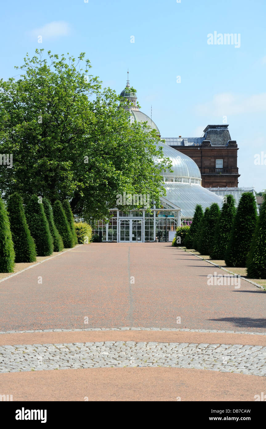 Rivestito di conifere avenue al Winter Gardens, Glasgow Green, Scozia. Foto Stock