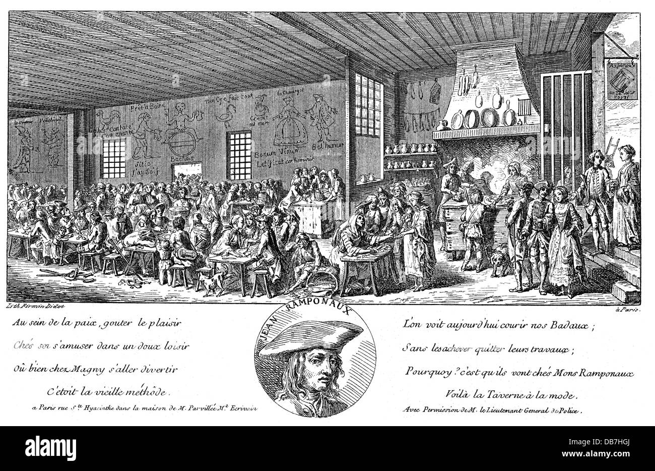 Gastronomia, locande, popolare taverna parigina e foto del albergatore Jean Ramponaux, litografia, di Firmin Didot, Parigi, 18 ° secolo, 18 ° secolo, grafica, locande, pub, tavoli, tavolo, panca, panchine, divano, ospite, ospiti, seduta, seduta, conversazione, conversazioni, colloqui, parlare, parlare, bar, bar, buffet, camino, camino, inn, hotel, ristorante Jean Ramponneau (1724 - 1802), albergatore, Parigi, Francia, taverna, taverna, taverne, taverne, storico, storico, persone, diritti aggiuntivi-clearences-non disponibile Foto Stock