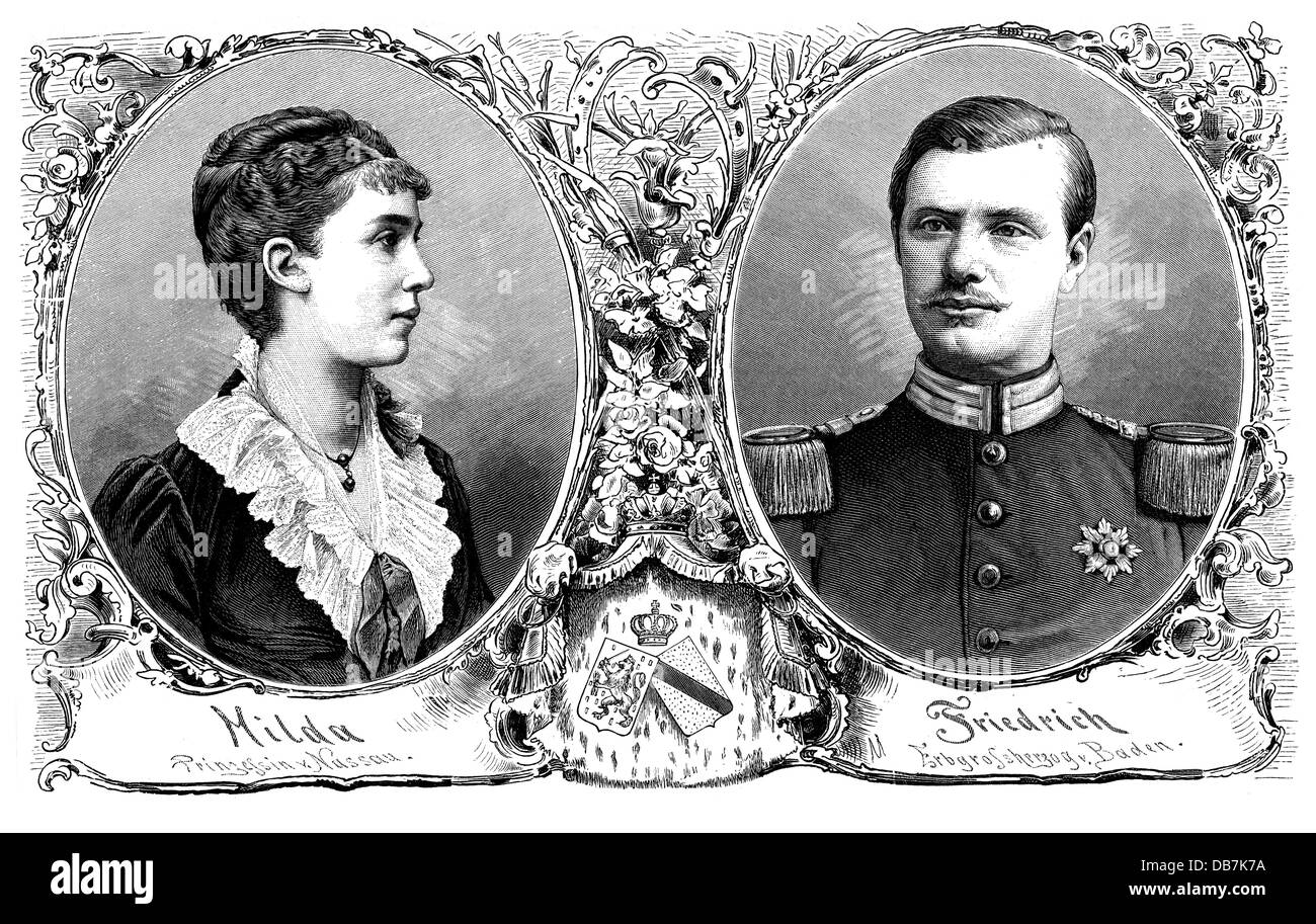 Federico II, 9.7.1857 - 9.8.1928, Granduca di Baden 28.9.1907 - 22.11.1918, ritratto, con fiance principessa Hilda di Nassau, incisione in legno, 'Ueber Land und Meer', 1884, Foto Stock