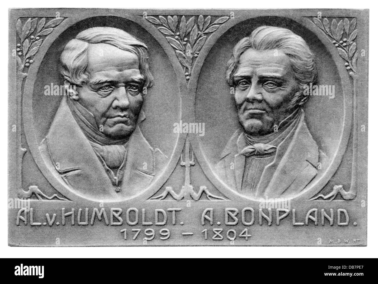 Humboldt, Alexander von, 14.9. 1769 - 6.5.1859, naturalista tedesco, ritratto, con Aime Bonpland, badge, bronzo, 60,7 x 40,3 mm, Stuttgarter Metallwarenfabrik Mayer & Wilhelm, famosa serie maschile, Stoccarda, 1904, Foto Stock