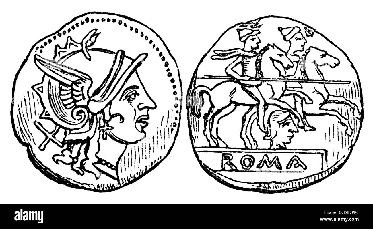 Soldi / finanze, monete, Impero Romano, il, argento, dal tempo della repubblica, incisione del legno, 19 ° secolo, mondo antico, tempi antichi, numismatica, Roma, ritratto, profilo, faccia laterale, profili, Dio, dei, divinità, divinità, divinità, caschi, Marte, dio di guerra, guerra, guerra, rider, equitazione, cavalli, soldati, guerrieri, guerrieri, monete, guerrieri, guerrieri, soldati, Moneta, tempo, tempi, repubblica, Repubbliche, storico, storico, maschio, uomo, mondo antico, persone, uomini, diritti aggiuntivi-clearences-non disponibile Foto Stock