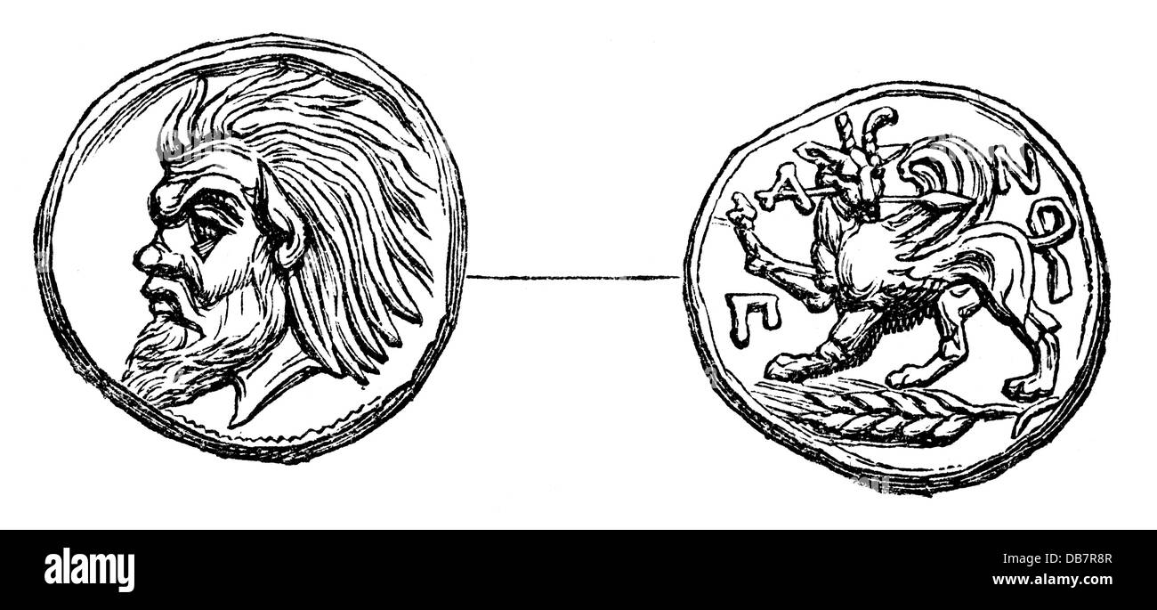 Soldi / finanze, monete, mondo antico, Grecia, stater, Panticapaeum, IV secolo AC, incisione in legno, da: 'Le Magasin Pittoresque', Parigi, 1865, diritti-aggiuntivi-clearences-non disponibile Foto Stock