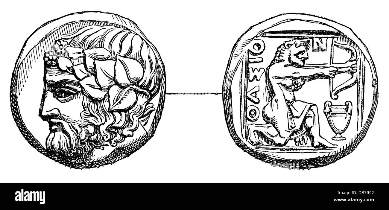 Soldi / finanze, monete, mondo antico, Grecia, dracma, Thasos, IV secolo AC, incisione in legno, da: 'Le Magasin Pittoresque', Parigi, 1865, diritti-aggiuntivi-clearences-non disponibile Foto Stock