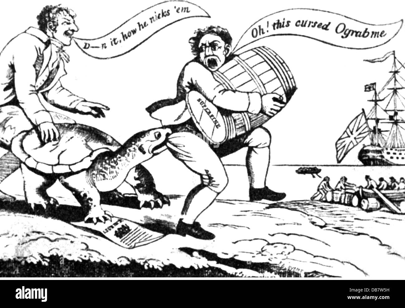 Politica, caricatura, USA, embargo Act del 1807, 'Ograbme', disegno contemporaneo, diritti aggiuntivi-clearences-non disponibile Foto Stock