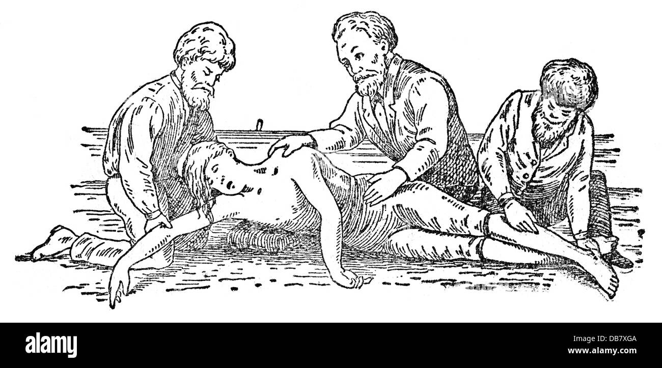Medicina, trattamento, tentativo di rianimazione secondo Marshall Hall, seconda posizione, incisione del legno, da: Friedrich Eduard Bilz, New Naturopathic Treatment, Leipzig, Germania, 1902, Additional-Rights-Clearences-Not Available Foto Stock