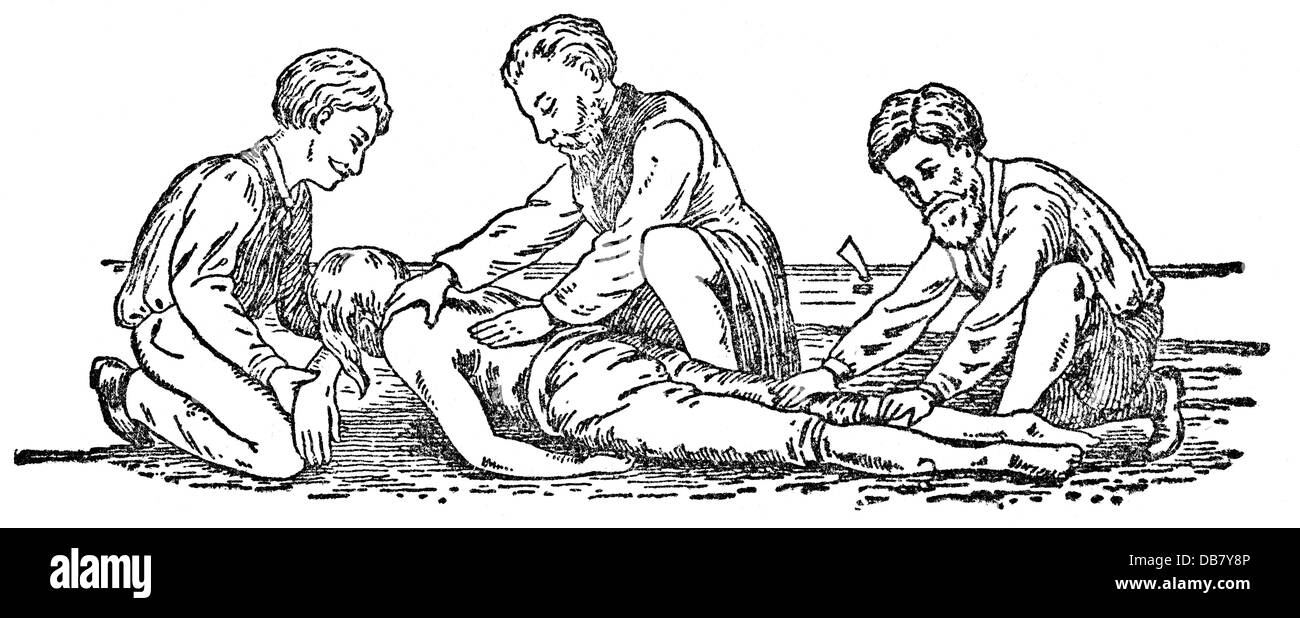 Medicina, trattamento, tentativo di rianimazione secondo Marshall Hall, prima posizione, incisione del legno, da: Friedrich Eduard Bilz, New Naturopathic Treatment, Leipzig, Germania, 1902, Additional-Rights-Clearences-Not Available Foto Stock