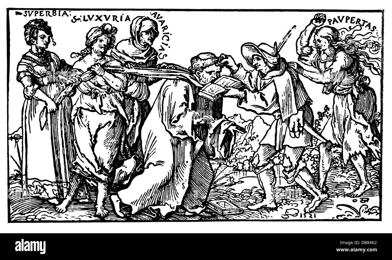 Religione, clergymen, monaco, caricatura sulla vita opulenta dei monaci, taglio di legno di Hans Seebald Beham, 1521, Additional-Rights-Clearences-Not Available Foto Stock