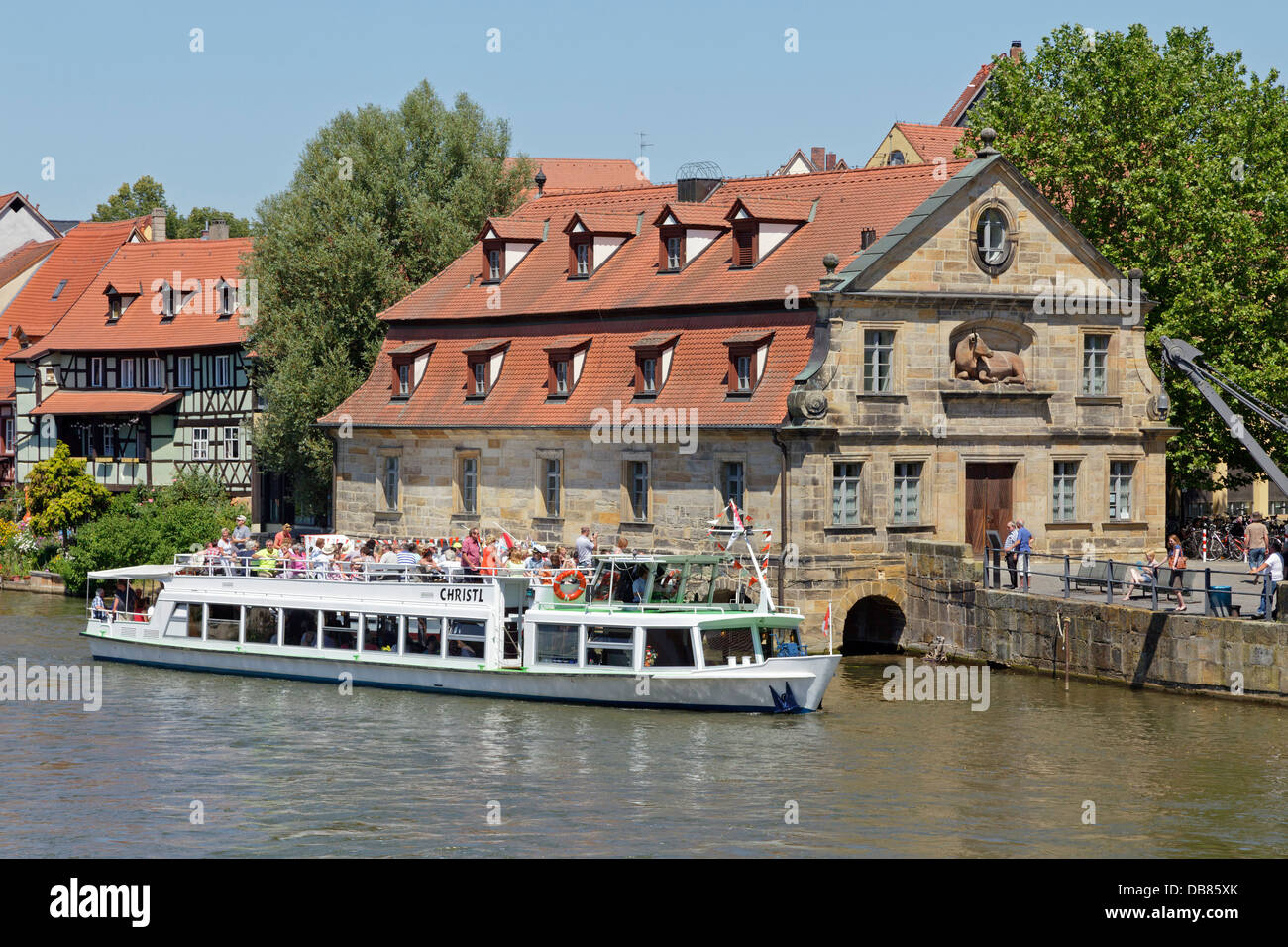 Imbarcazioni per escursioni sul fiume Regnitz, Bamberg, Baviera, Germania Foto Stock