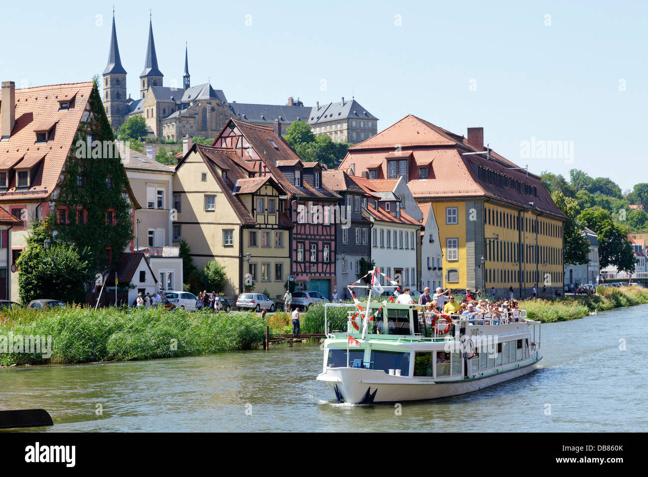 Escursione in barca sul fiume Regnitz, Bamberg, Baviera, Germania Foto Stock
