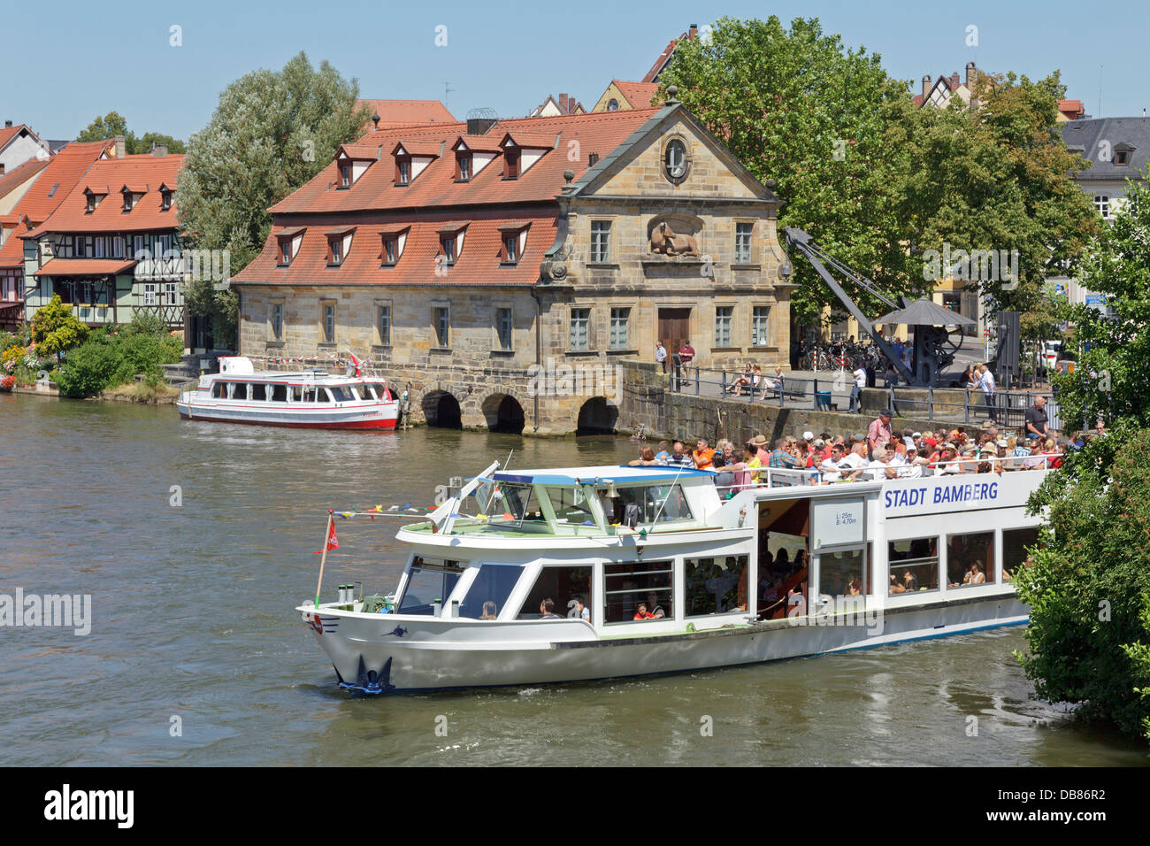 Imbarcazioni per escursioni sul fiume Regnitz, Bamberg, Baviera, Germania Foto Stock