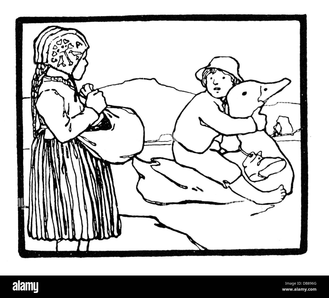 Letteratura, fiaba, Grimm Brothers, Hansel e Gretel, Hansel cavalcando un'anatra, disegno di otto Ubbelohde (1867 - 1922), 1922, da: 'Kinder- e Hausmärchen', Additional-Rights-Clearences-Not Available Foto stock - Alamy