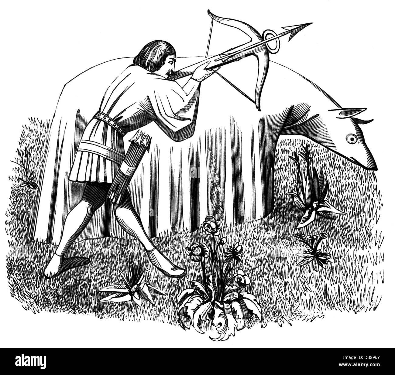 Caccia, cacciatore con balestra in copertina dietro il manichino di un animale, dopo miniatura, 15 ° secolo, a 'Libro sulla caccia' ('Livre de chasse') di Gaston III 'Phobus', conte di Foix, 1387 - 1389, incisione in legno, 19 ° secolo, diritti aggiuntivi-clearences-non disponibile Foto Stock