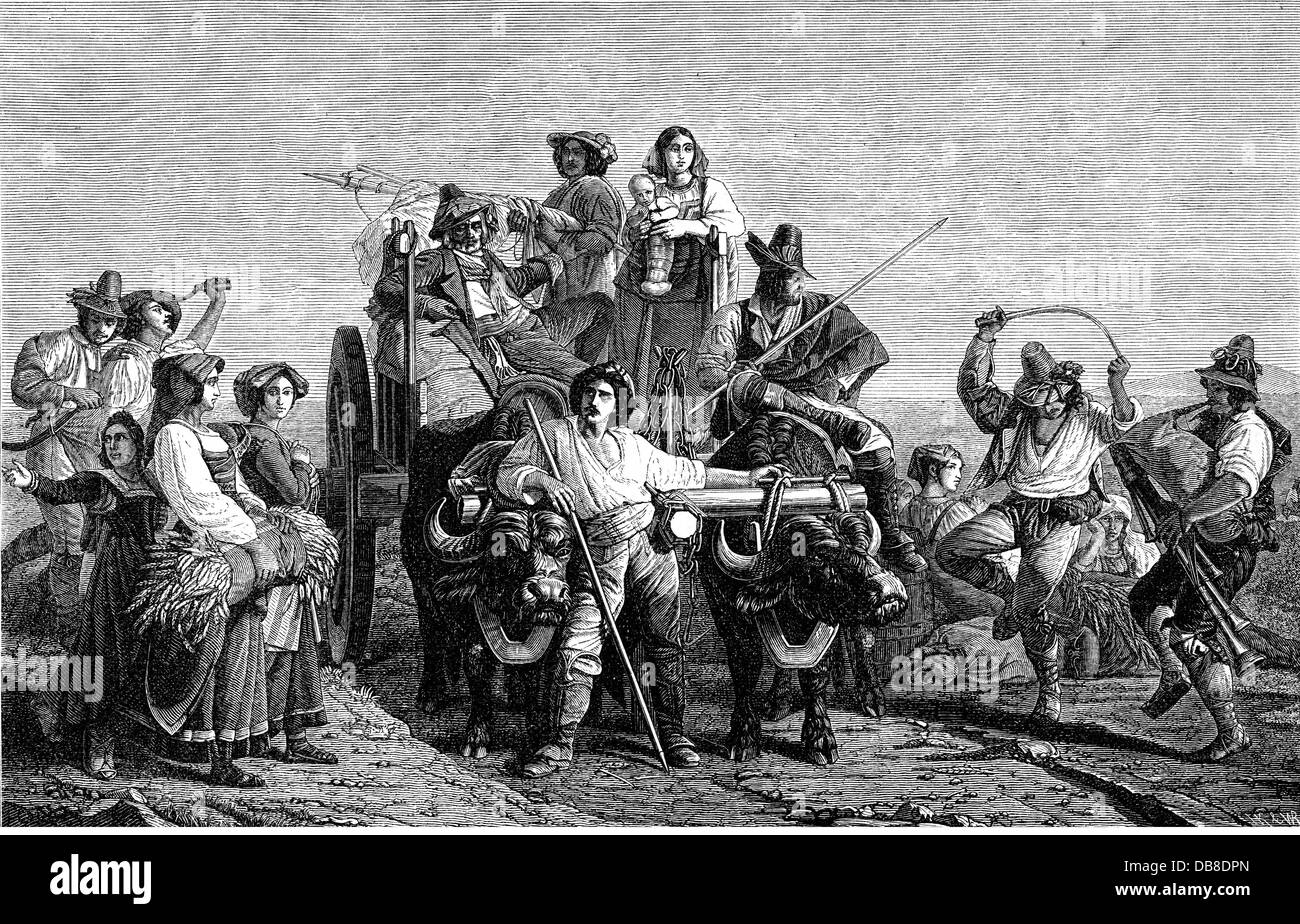 Agricoltura, vita rurale, arrivo dei concini nelle paludi pontine, incisione del legno, dopo la pittura di Leopold Louis Robert, 1830, Additional-Rights-Clearences-Not Available Foto Stock