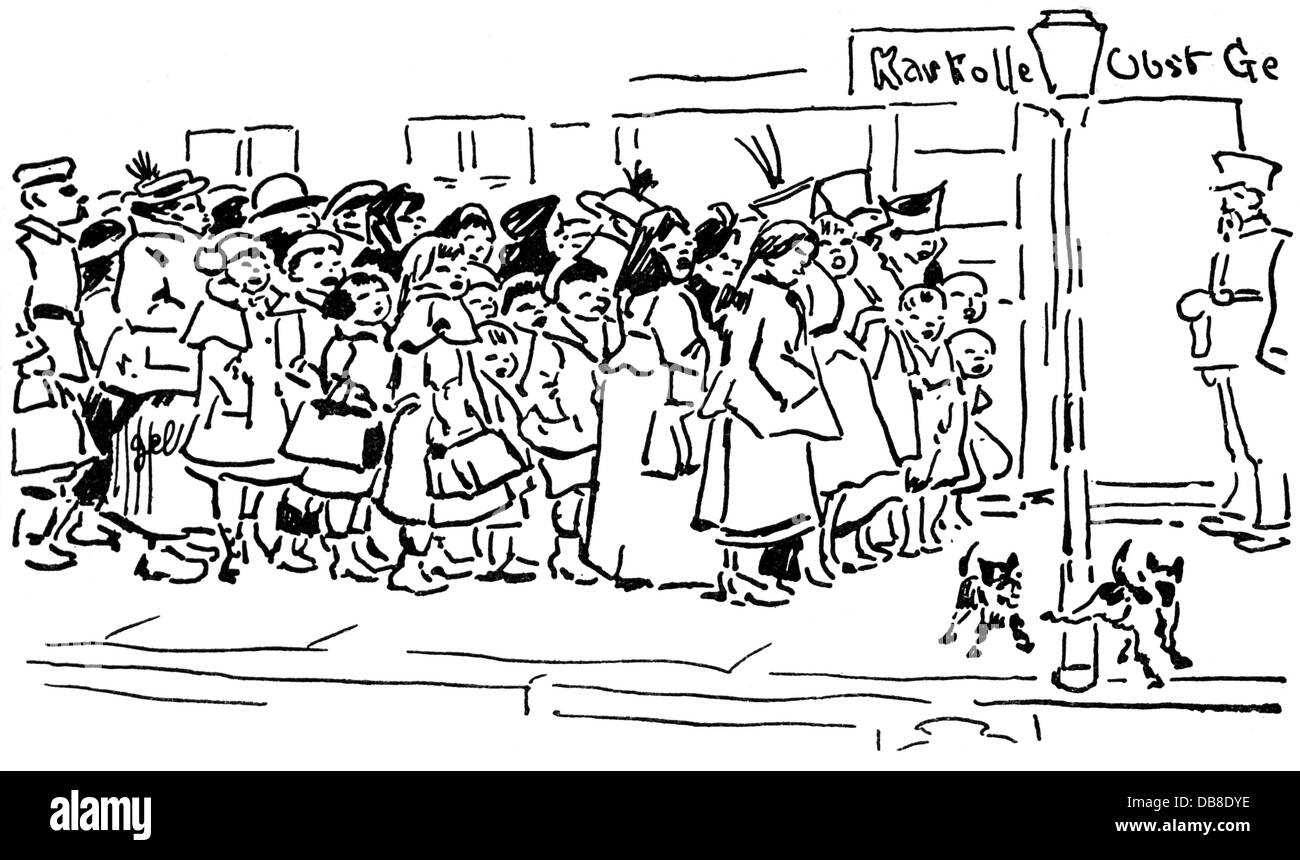 Prima guerra mondiale / prima guerra mondiale, Germania, razionamento alimentare, caricatura, 'Grande Pollonaise di patate', disegno di Heinrich Zille, Berlino, 1916 / 1917, diritti aggiuntivi-clearences-non disponibile Foto Stock