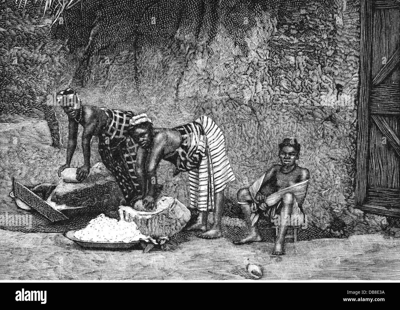 Cibo, farina, macinazione con pietra querna, Winneba, Ghana, incisione del legno, fine del XIX secolo, persone, donna, grano, tecnologia, tecnologie, famiglia, lavoro domestico, lavoro domestico, lavoro domestico, lavoro, lavoro, lavoro, lavoro, lavoro, pietra, pietre, Africa occidentale, British Gold Coast Colony, British Empire, Gran Bretagna, cibo, prodotti alimentari, macinazione, quenza, quaglie, macinazione, quenza, quaglie, storia, querne Storico, femminile, diritti aggiuntivi-clearences-non disponibile Foto Stock
