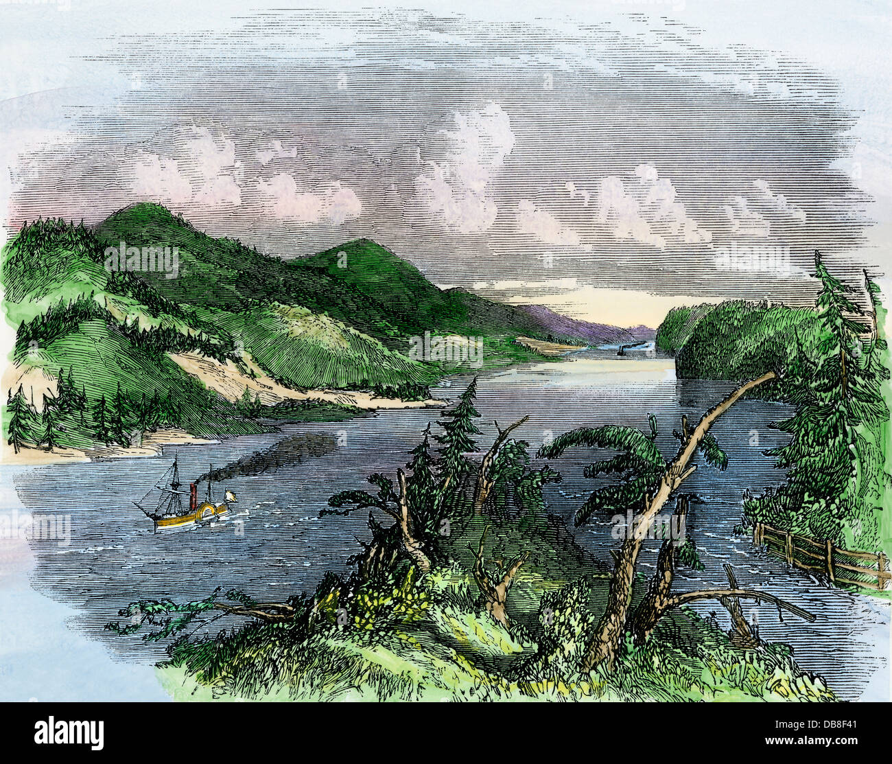 Battello a vapore sul Fiume profondo parte del fiume Ottawa, Canada, 1850s. Colorate a mano la xilografia Foto Stock