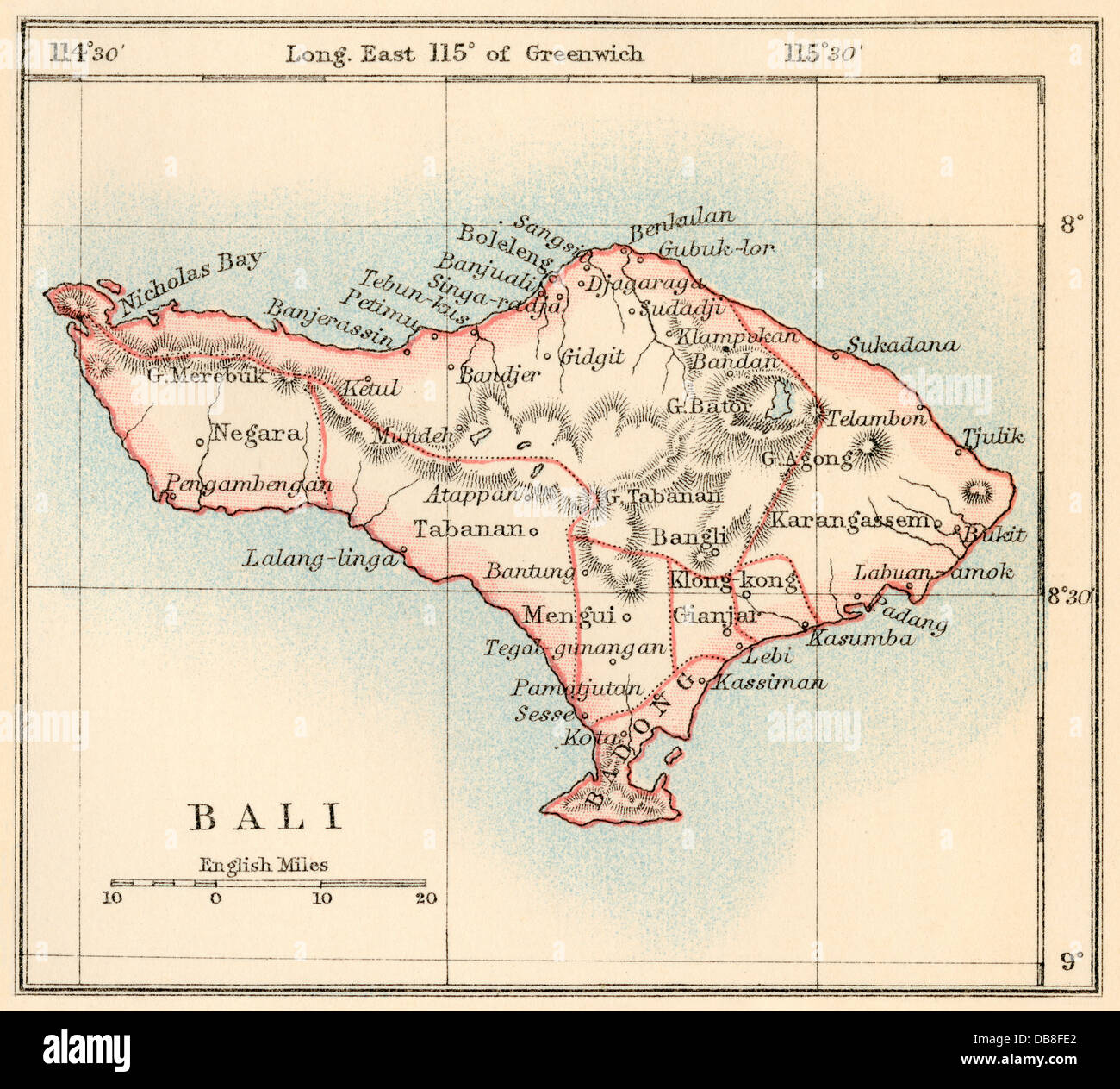 Mappa di Bali, 1870s. Litografia a colori Foto Stock