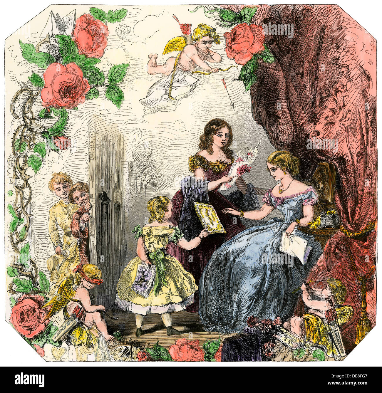 La mattina del giorno di San Valentino, 1860. Colorate a mano la xilografia Foto Stock