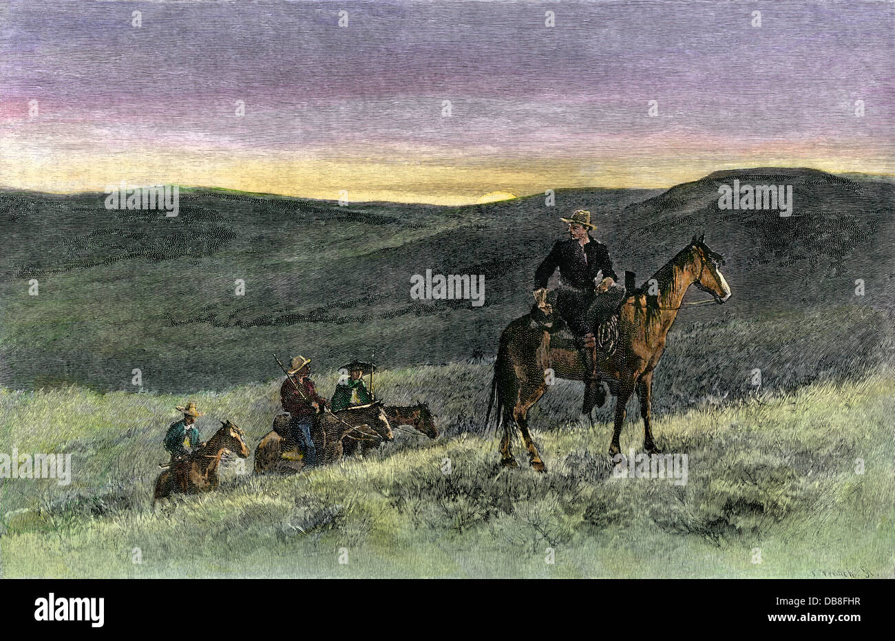 Sheriff's posse perseguendo un sospetto, Western Frontier, 1800s. Colorate a mano la xilografia Foto Stock