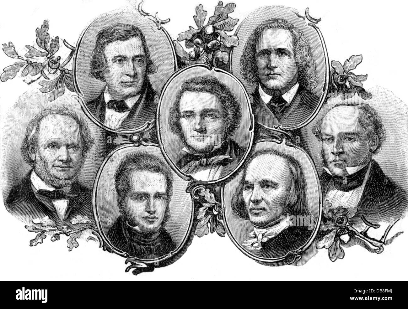 Politica, Goettingen Seven: Wilhelm Eduard Weber, Wilhelm Grimm, Friedrich Christoph Dahlmann, Georg Gottfried Gervinus, Georg Heinrich Ewald, Jacob Grimm, Wilhelm Eduard Albrecht, ritratto, incisione in legno, 'Die Gartenlaube', 1897, diritti aggiuntivi-clearences-not available Foto Stock