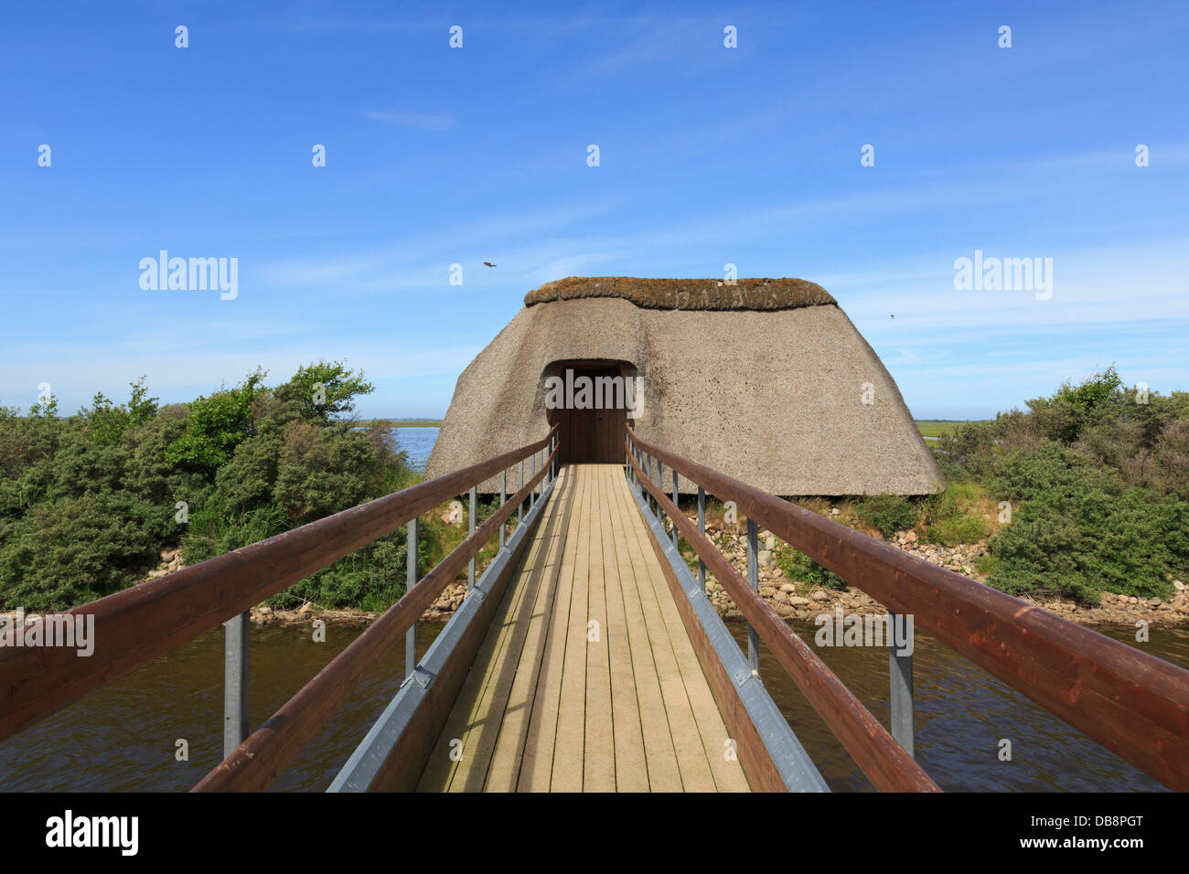 Natura Vejlerne Centro di osservazione di uccelli nascondi Bygholm affacciato sul prato e il Lago Midtso in Bygholm Vejle, Nord dello Jutland, Danimarca Foto Stock