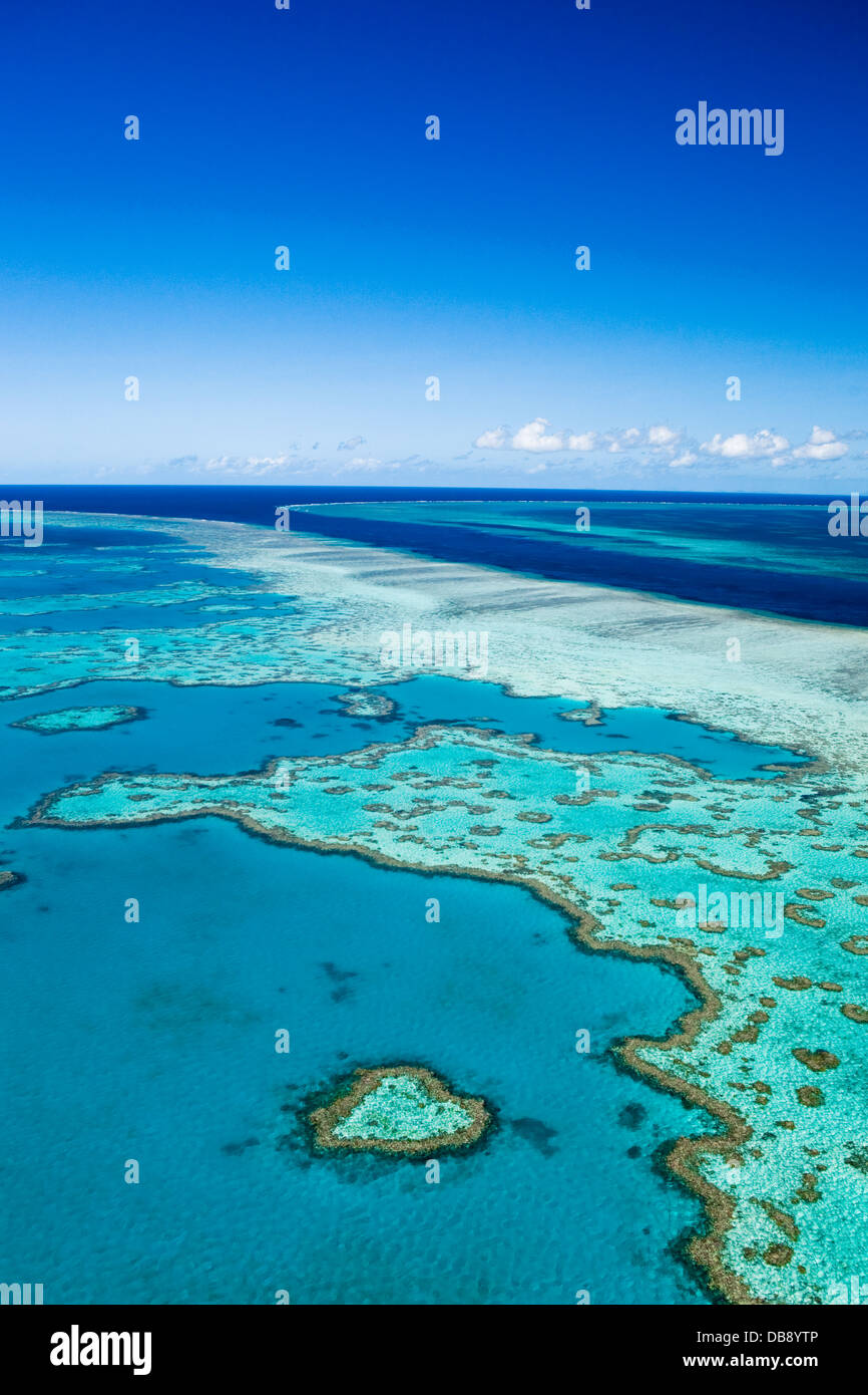 Vista aerea del "cuore Reef', una a forma di cuore la formazione di corallo a Hardys Reef. Great Barrier Reef Marine Park Foto Stock
